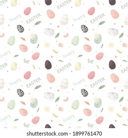 Easter seamless pattern with flowers and holiday eggs.