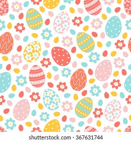 Easter seamless pattern with flowers and holiday eggs. Perfect for wallpaper, gift paper, pattern fills, web page background, spring and Easter greeting cards