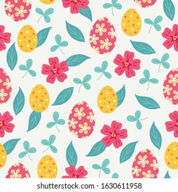 Easter seamless pattern with flowers, leaves, eggs in Red, Yellow, White and Turquoise. Scandinavian style. Perfect for wallpaper, gift paper, holiday background, spring greeting cards