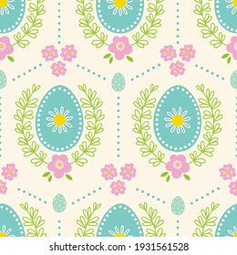 Easter seamless pattern with flowers, leaves and eggs on white background. Scandinavian style. Perfect for holiday invitations, spring greeting cards, wallpaper and gift paper