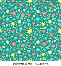 Patrón de flores y hojas de Semana Santa sin fisuras en un fondo verde oscuro. Ilustración a mano vectorial de plantas para impresión de vacaciones de primavera, papel de envoltura, textiles, ropa, tarjeta, bebé, verano