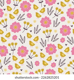 Patrón de Semana Santa sin fisuras con flores, hojas y pollo sobre fondo blanco. Perfecto para tarjetas de felicitación, decoración de vacaciones, papel pintado, papel de envoltura, tela. Ilustración del vector