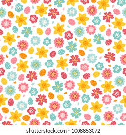 Easter seamless pattern with flowers, narcissus, petals and eggs. Perfect for wallpaper, gift paper, web page background, spring greeting cards