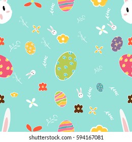 Easter seamless pattern with flowers,rabbit and holiday eggs.Perfect for wallpaper, gift paper, pattern fills, web page background, spring and Easter greeting cards.