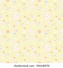 Easter seamless pattern with flowers,rabbit and holiday eggs.Perfect for wallpaper, gift paper, pattern fills, web page background, spring and Easter greeting cards.