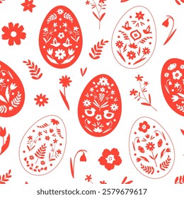 Easter seamless pattern with folk-style painted eggs and floral elements. Suitable for wrappers, backgrounds, wallpapers, textiles