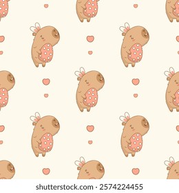 Easter Seamless pattern. Funny capybara in bunny ears with paschal egg on white background with heart. Holiday cute cartoon kawaii animal character. Vector illustration. Kids collection