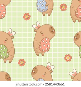 Easter Seamless pattern. Funny capybara in bunny ears with paschal polka dots egg on green checkered background with flowers. Holiday cartoon kawaii character. Vector illustration. Kids collection