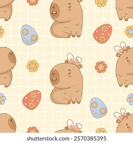 Easter Seamless pattern. Funny cartoon capybara in bunny ears on yellow checkered background with paschal decorative floral eggs. Holiday kawaii character. Vector illustration. Kids collection