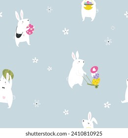 Easter seamless pattern with funny, cute rabbits. Holiday paper, gift wrapping, design