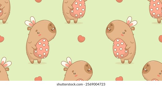 Easter Seamless pattern. Funny cute capybara in bunny ears with paschal egg on green background with heart. Holiday cartoon kawaii animal character. Horizontal Vector illustration. Kids collection