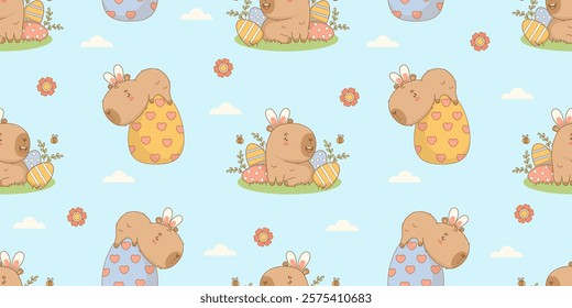 Easter Seamless pattern. Funny cute capybara in bunny ears with paschal decoration eggs on  blue background with flowers. Holiday cartoon kawaii animal. Horizontal Vector illustration. Kids collection