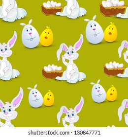 Easter seamless pattern with funny eggs and cute little bunny.