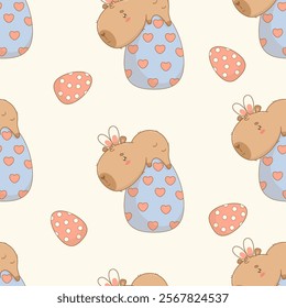 Easter Seamless pattern. Funny small capybara in bunny ears on large paschal egg on white background. Holiday cartoon kawaii character. Vector illustration. Kids collection