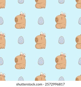 Easter Seamless pattern. Funny smiling capybara in bunny ears on blue background with polka dot paschal eggs. Holiday cartoon kawaii character. Vector illustration. Kids collection