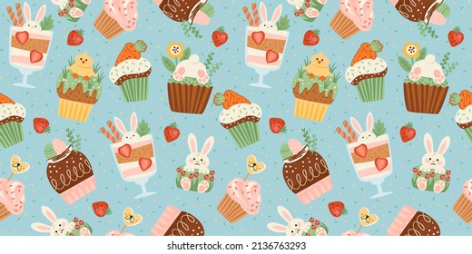 Easter seamless pattern with funny sweets. Cupcake, cake, dessert with easter symbols. Vector design template.