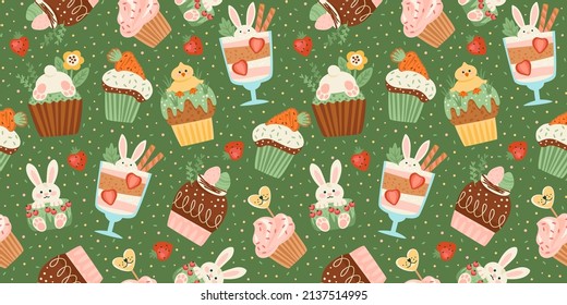 Easter seamless pattern with funny sweets. Cupcake, cake, dessert with easter symbols. Vector design template.