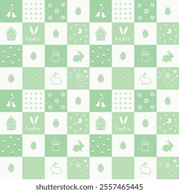 Easter Seamless Pattern. Geometric Checkered Print with Easter Elements. Easter Bunnies, Eggs, Flowers, Birds, Text. Happy Easter design. Vector illustration in Green, White