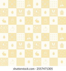 Easter Seamless Pattern. Geometric Checkered Print with Easter Elements. Easter Bunnies, Eggs, Flowers, Birds, Text. Happy Easter design. Vector illustration in Yellow, White