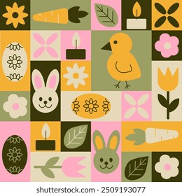 Easter seamless pattern in geometric style with nature elements and flowers. Season holiday items in simple geometric shapes, vector flat style. Good for wrapping, textile, cover