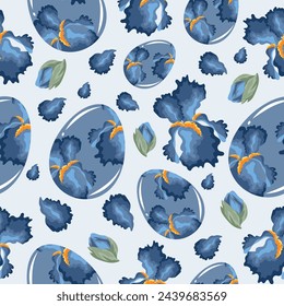 Patrón sin costuras de Pascua con huevos de vidrio azul con diseño de iris y brotes de iris azul para póster, banner o tarjeta de vacaciones