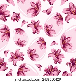 Easter seamless pattern with glass pink eggs with lily design and pink lily buds, for poster, banner or holiday card