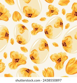 Easter seamless pattern with glass yellow eggs with tulip design and yellow tulip buds for poster, banner or holiday card