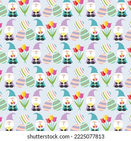 Easter seamless pattern with gnomes, eggs and tulips