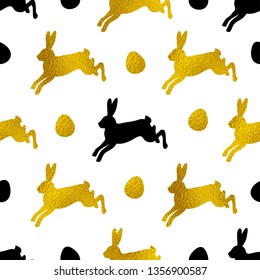 Easter seamless pattern with golden and black rabbits and hearts. Vector illustration. Decorative festive background