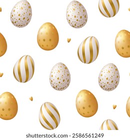 Easter seamless pattern with golden decorative eggs isolated on white background.	