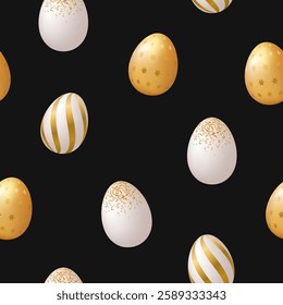 Easter seamless pattern with golden decorative eggs isolated on black background.