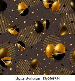 Easter seamless pattern with golden eggs and stars of different sizes on a brown chocolate background. For  posters, cards, scrapbooking and party invitations. Vector illustration.