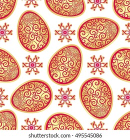 Easter seamless pattern with golden-red eggs and vintage flowers, vector