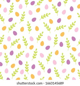 Easter seamless pattern with green branches and small eggs on white background. Perfect for holiday wallpaper, gift paper, spring greeting cards. Vector illustration
