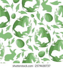 Easter seamless pattern with green Easter eggs with a shadow of a rabbit on it sitting on its hind legs and a shadow of a rabbit and green leaves arranged randomly