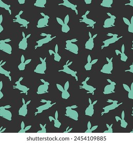 Easter seamless pattern of green rabbit silhouettes in different actions. Festive Easter bunnies design. Isolated on black background. For Easter decoration, wrapping paper, greeting, textile, print