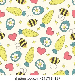 Easter seamless pattern in groove style with egg, carrot, bee and heart.  Cute characters in trendy retro 60s 70s. Stock vector illustration. Creative texture for fabric, paper.