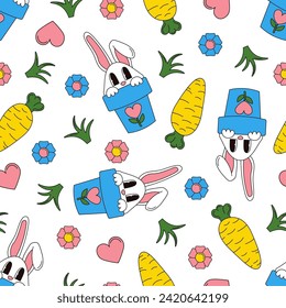 Easter seamless pattern in groove style with a cute bunny in a pot, carrots, flower, heart, and blade of grass. Stock isolated image on a white background. Creative texture for fabric, paper.
