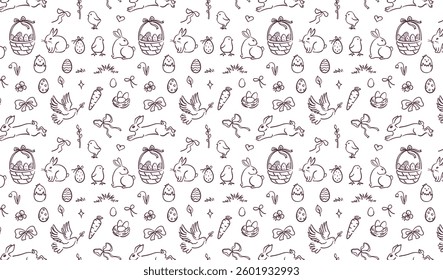 Easter seamless pattern with hand drawings. Festive pattern. Pattern of sketches with Easter elements.
