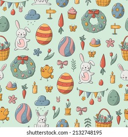 Easter seamless pattern with hand drawn doodles. Good for posters, prints, wrapping paper, scrapbooking, stationary, textile, backgrounds, etc. EPS 10