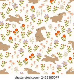 Easter seamless pattern with hand drawn cute rabbits on spring garden for Easter wrapping paper,fabric,textile,apparel or wallpaper,vector illustration