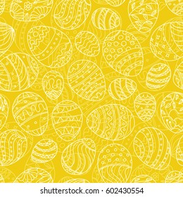 Easter seamless pattern. Hand drawn festive eggs vector texture on solid yellow background.