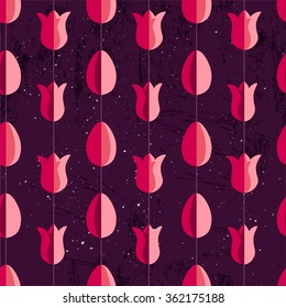 Easter seamless pattern with hanging flowers and eggs cut from paper.  Endless texture for your design, greeting cards, announcements, posters.