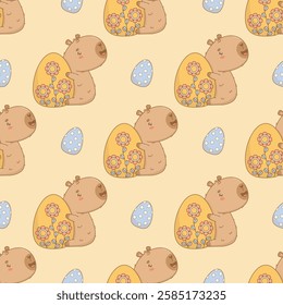 Easter Seamless pattern. Happy Capybara with decorative paschal Egg on yellow background. Holiday Cute cartoon kawaii character. Vector illustration. Kids collection