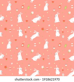 Easter seamless pattern with hares and flowers 
