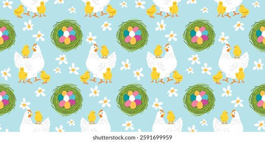 Easter seamless pattern with hen and chick. Birds nest green color with colorfull easter eggs. Blue background with daisies. Festive print on fabric and paper. Vector design for textile, wallpaper.