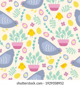 Easter seamless pattern with hen, chicken, eggs, flowers, floral pot on beige background. Scandinavian style. Perfect for holiday invitations, spring greeting cards, wallpaper and gift paper