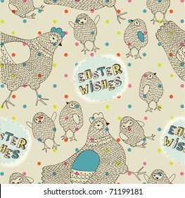 Easter seamless pattern with hen and chicks