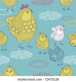 Easter seamless pattern with hen and chicks