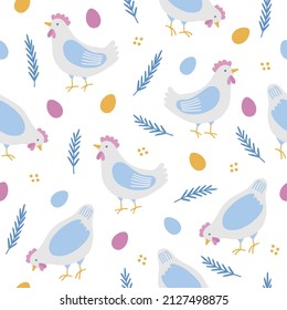Easter seamless pattern with hen, eggs, leaves, branches on white background. Perfect for spring and summer greetings, wallpaper, wrapping paper, fabric. Vector illustration